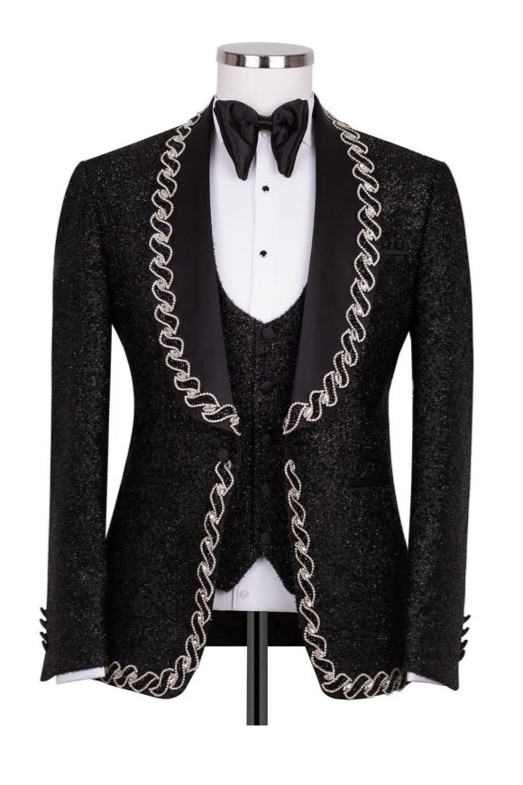 3 Pieces Sparkle Black Shawl Lapel Beadings Prom Men Suits