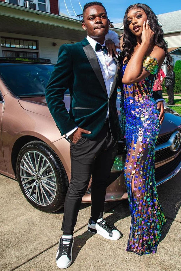 Emerald Green Notched Lapel Velvet Prom Men Suits