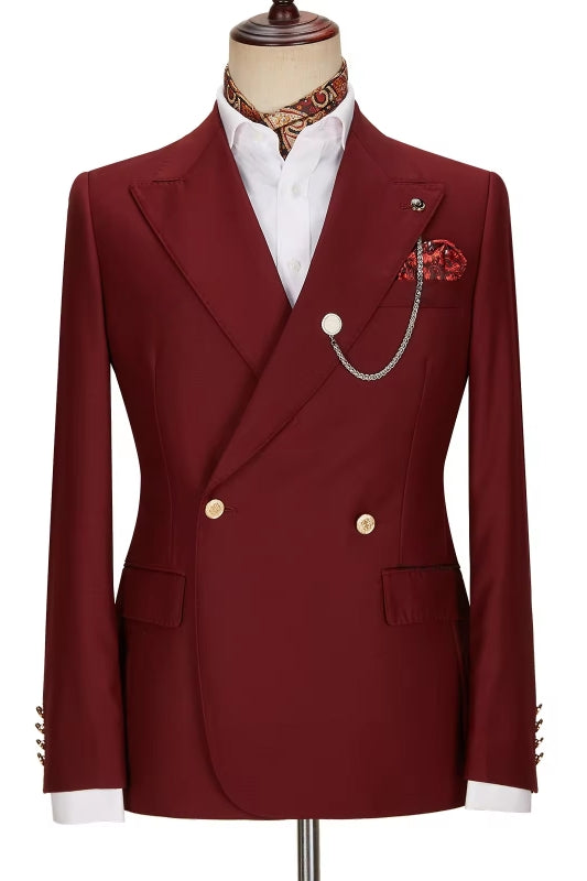 Glamorous Burgundy Double Breasted Peaked Lapel Prom Suits