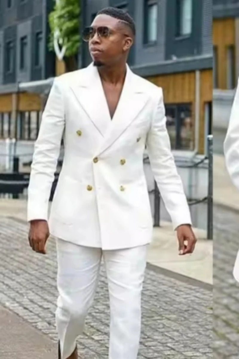 Slim Fit White Double Breasted Peaked Lapel Prom Suits For Men