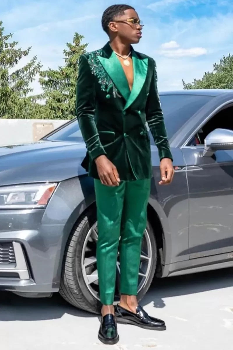 Slim Fit Dark Green Double Breasted Prom Men Suits With Appliques