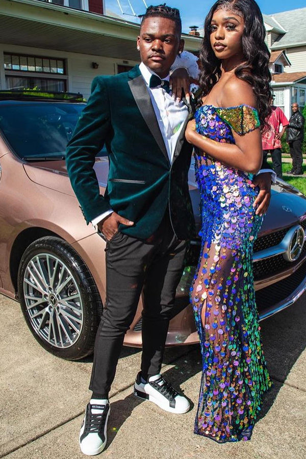 Emerald Green Notched Lapel Velvet Prom Men Suits