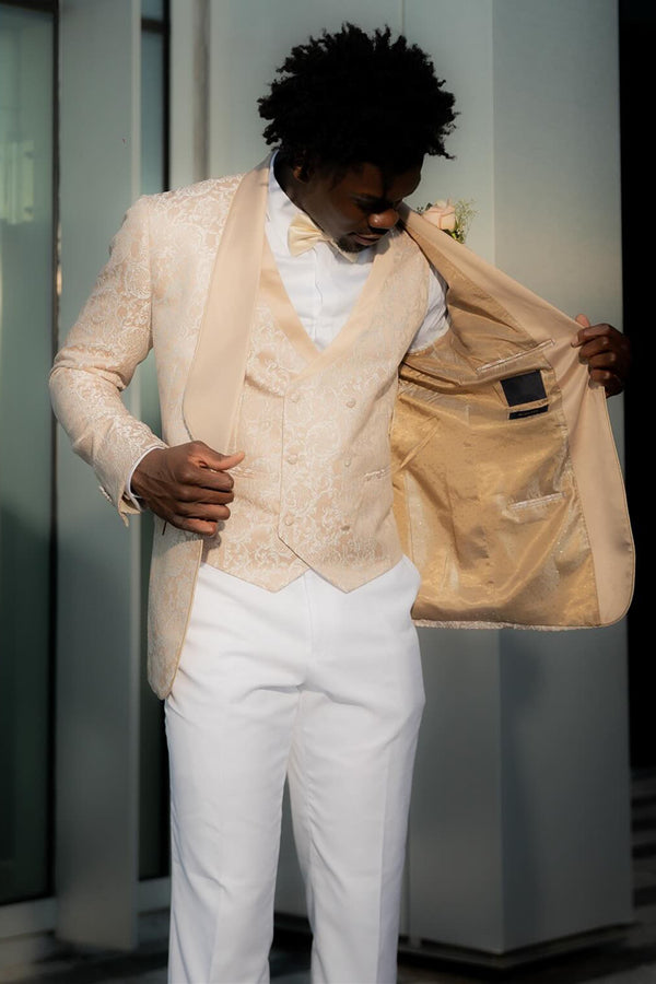 Gentle 3 Pieces Beige Shawl Lapel Jacquard Prom Men Suits