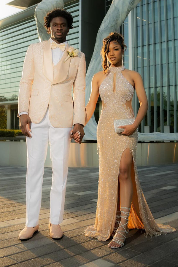 Gentle 3 Pieces Beige Shawl Lapel Jacquard Prom Men Suits