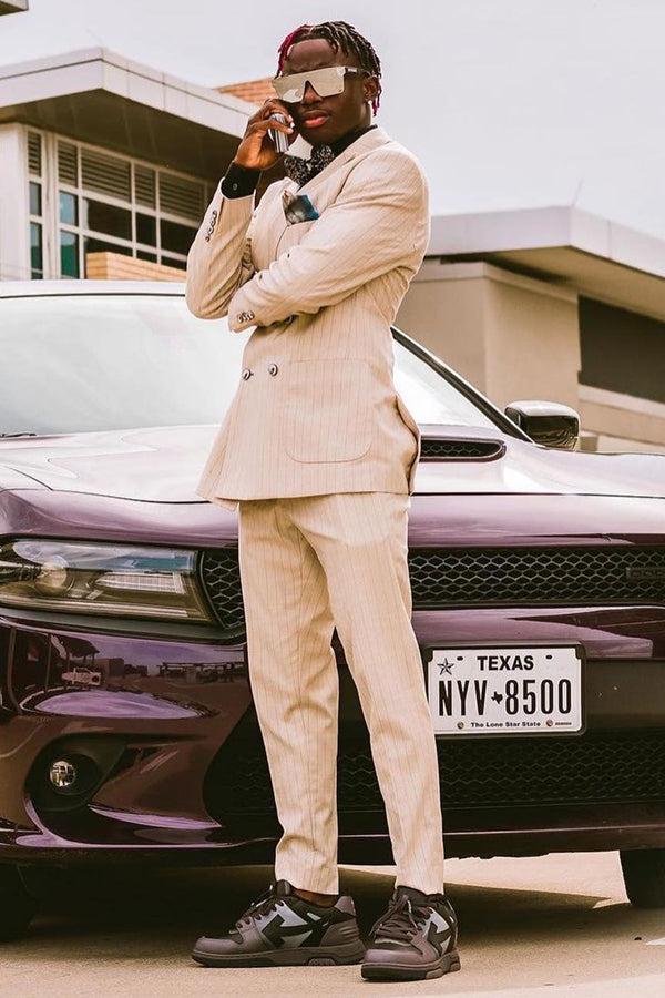 Fancy Beige Double Breasted Striped Peaked Lapel Prom Men Suits