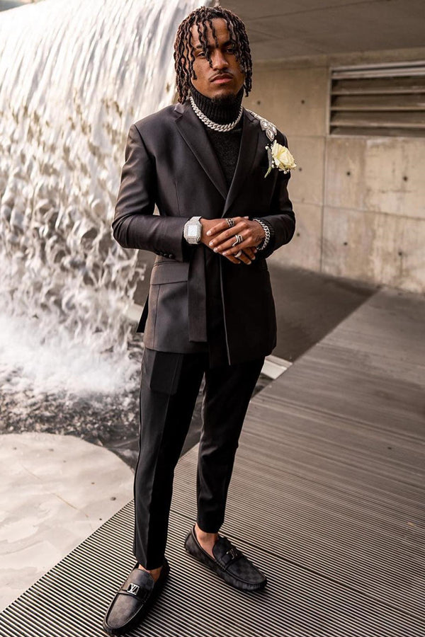 Best Fitted Black Notched Lapel Prom Suit With Belt