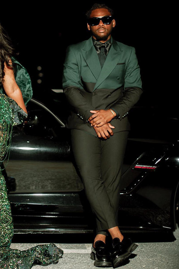 Dark Green Best Fitted Double Breasted Peaked Lapel Prom Men Suits