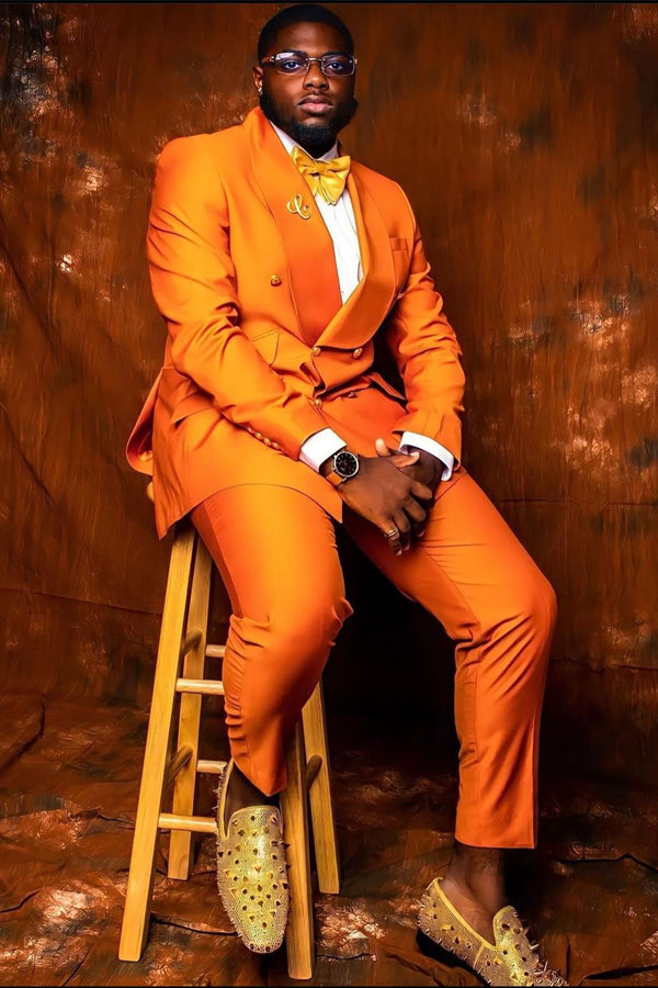 Glamorous Orange Shawl Lapel Double Breasted Prom Suits
