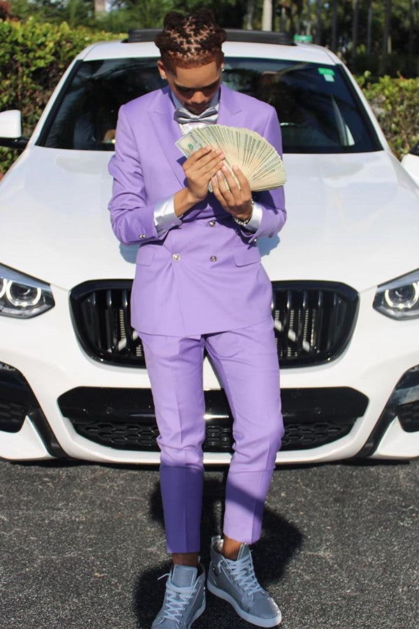 Trendy Purple Peaked Lapel Double Breasted Prom Suits