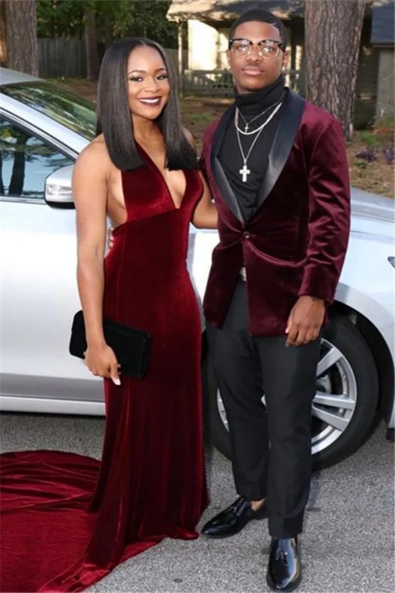 Glamorous Burgundy Velvet Shawl Lapel Men's Prom Suits