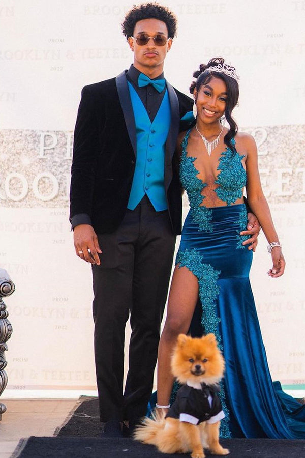 Black Shawl Lapel Velvet Prom Men Suits With Blue Waistcoat