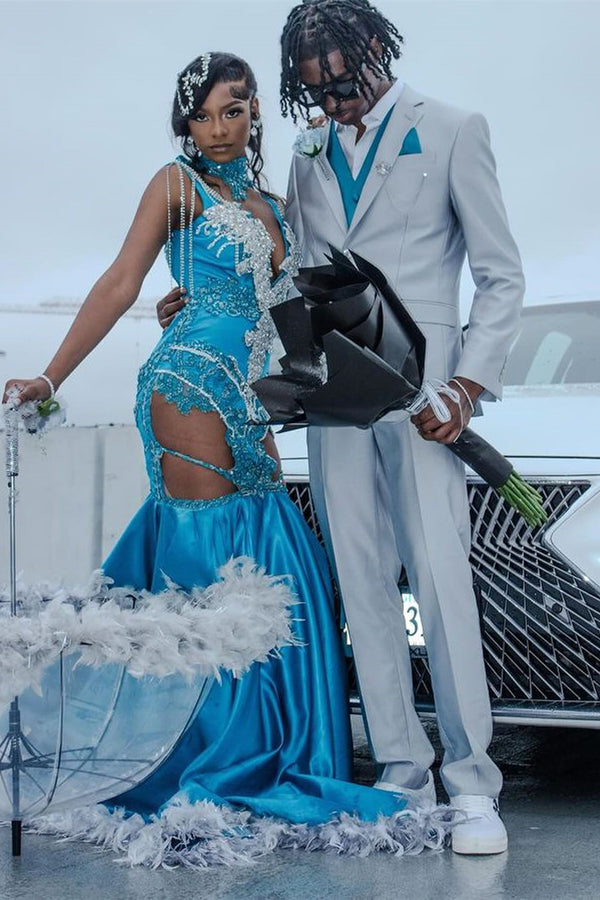 Newest Gray Notched Lapel Prom Men Suits With Blue Waistcoat