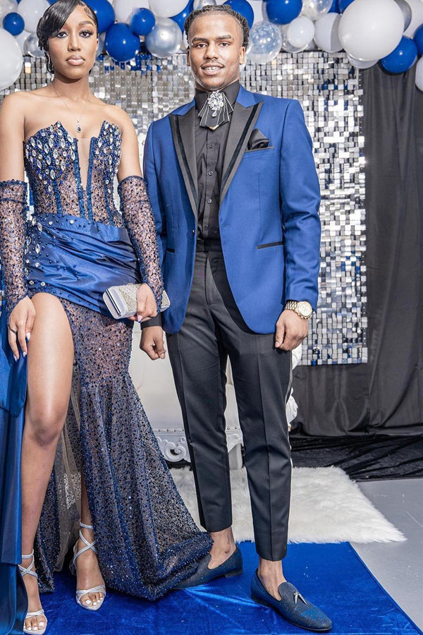 Best Fitted Navy Blue Chic Peaked Lapel Prom Men Suits