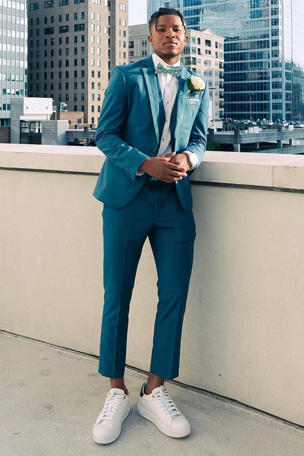Modern Teal Notched Lapel Slim Fit Fashion Prom Men Suits