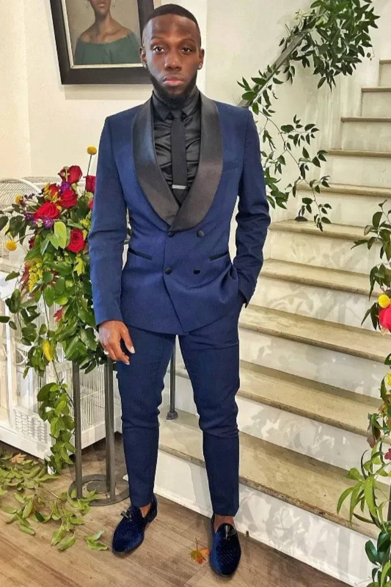 Fancy Dark Navy Shawl Lapel Double Breasted Prom Men Suits