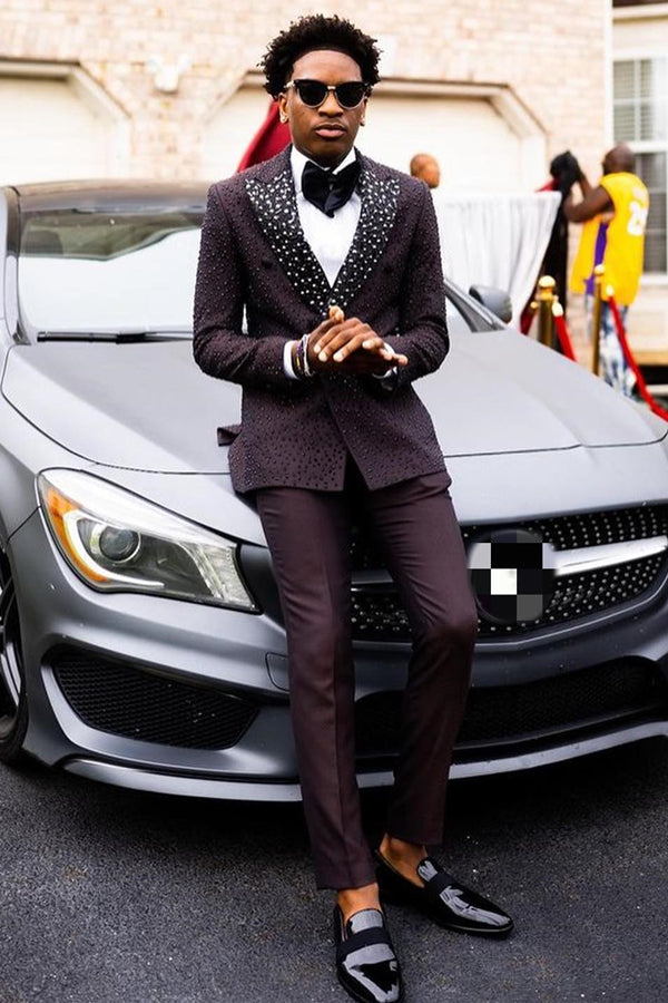 Bespoke Black Peaked Lapel Double Breasted Prom Suits With Beadings