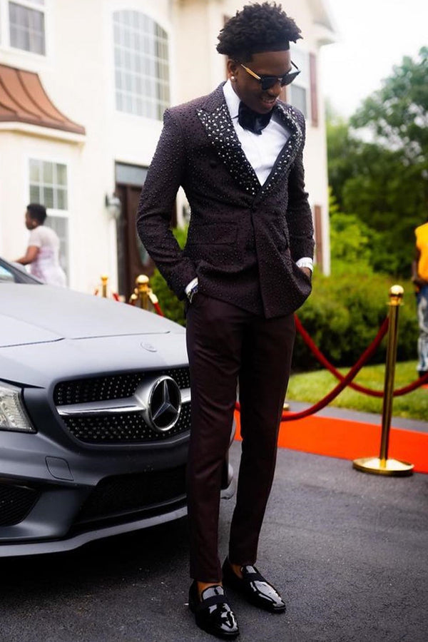Bespoke Black Peaked Lapel Double Breasted Prom Suits With Beadings