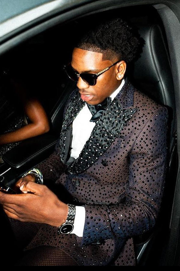 Bespoke Black Peaked Lapel Double Breasted Prom Suits With Beadings