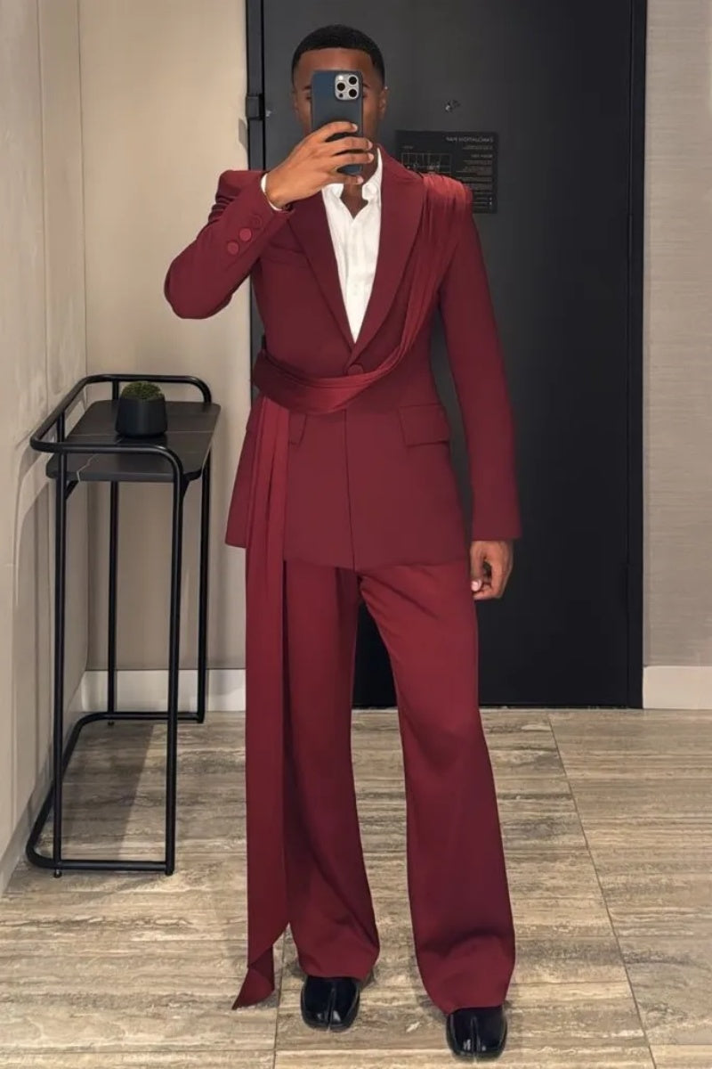 Fanshion Burgundy One Button Prom Men Suit with Long Sash