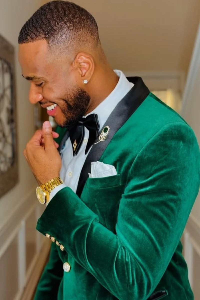 Chic Dark Green Shawl Lapel Velvet Prom Men Suits