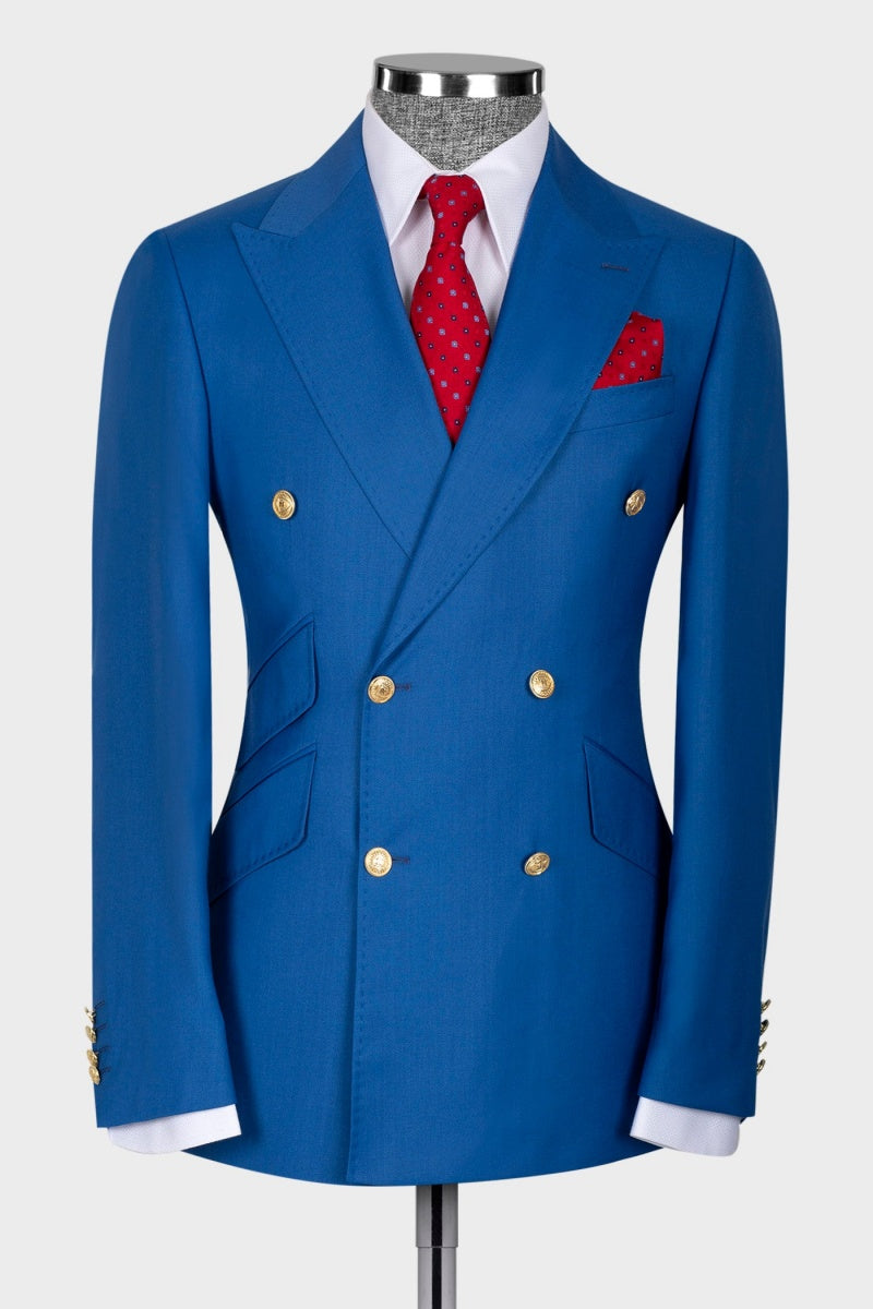 Three Slant Pockets Royal Blue Double Breasted Formal Suits