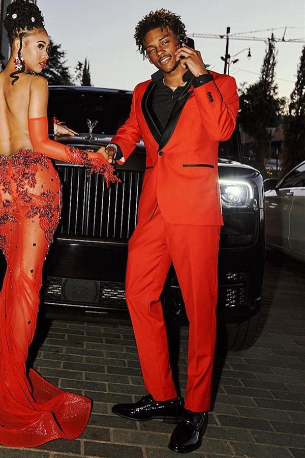 Modern Red Handsome Black Shawl Lapel Prom Men Suits