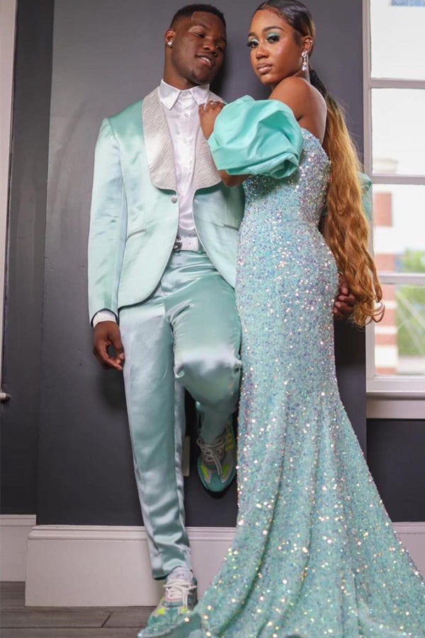 Best Fitted Mint Green White Shawl Lapel Prom Men Suits