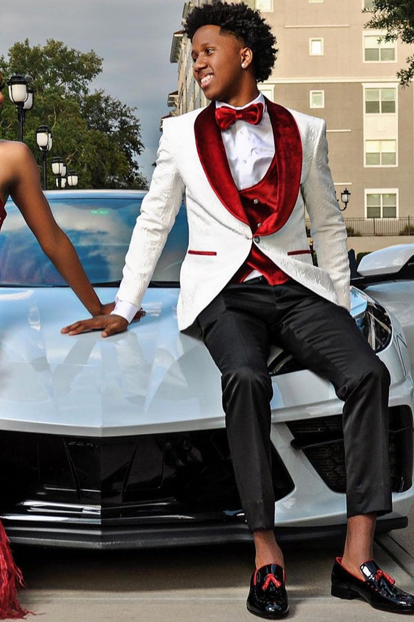 Charming White Jacquard Red Shawl Lapel Prom Men Suits