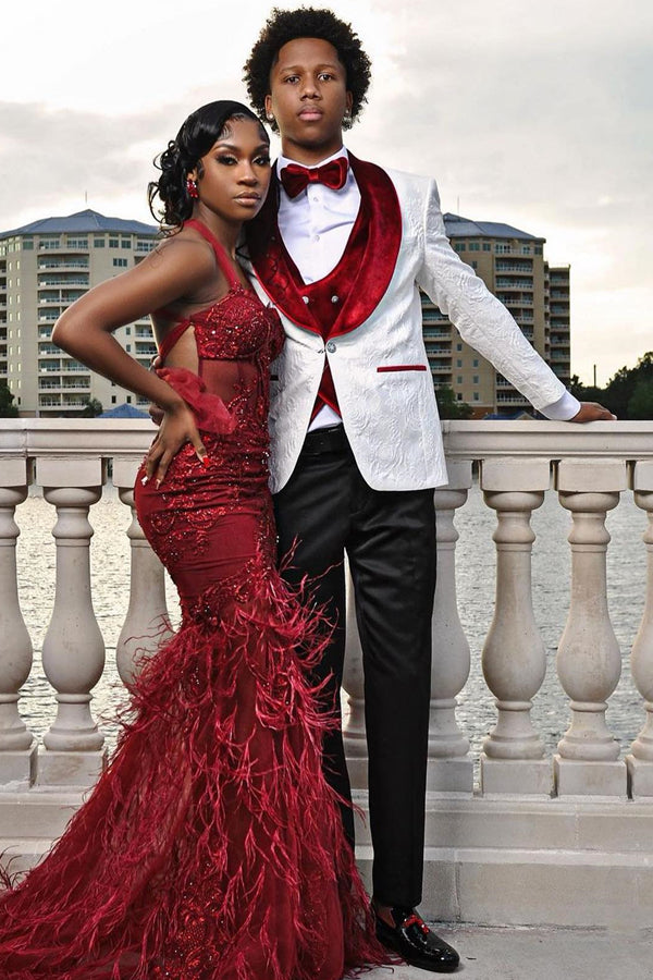 Charming White Jacquard Red Shawl Lapel Prom Men Suits