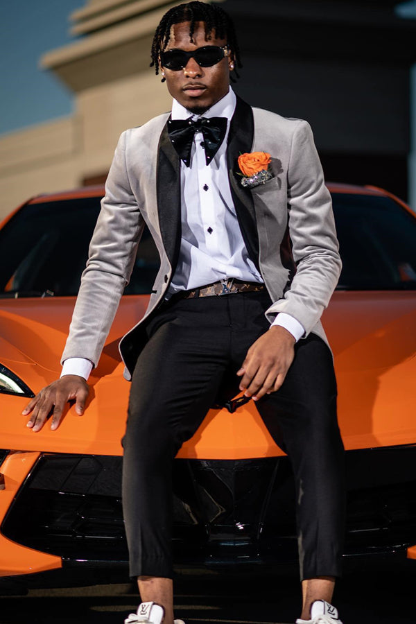 Trendy Gray Velvet Shawl Lapel Prom Men Suits
