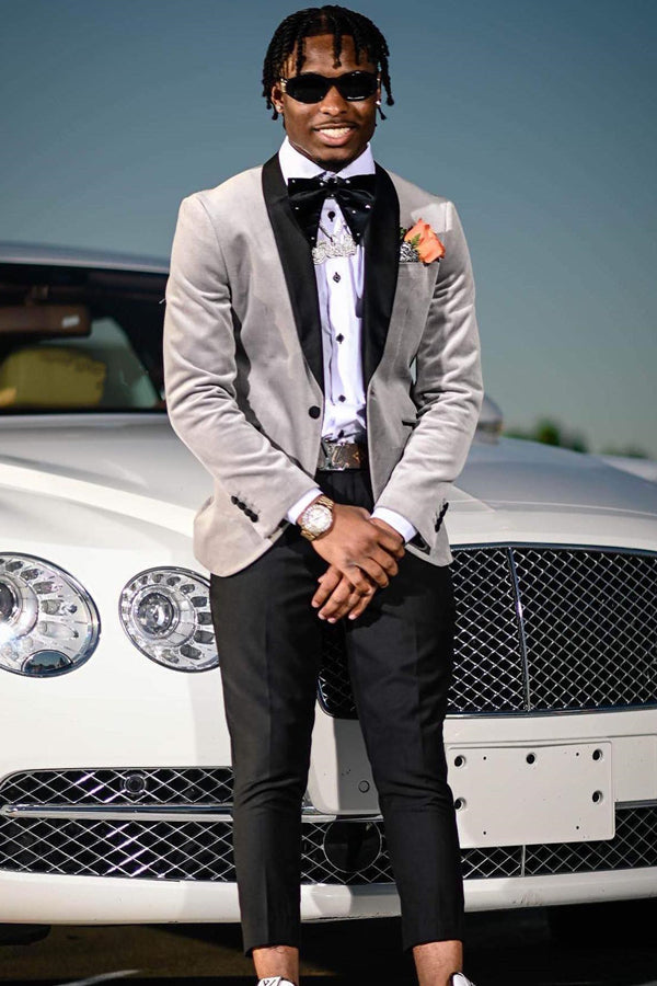 Trendy Gray Velvet Shawl Lapel Prom Men Suits