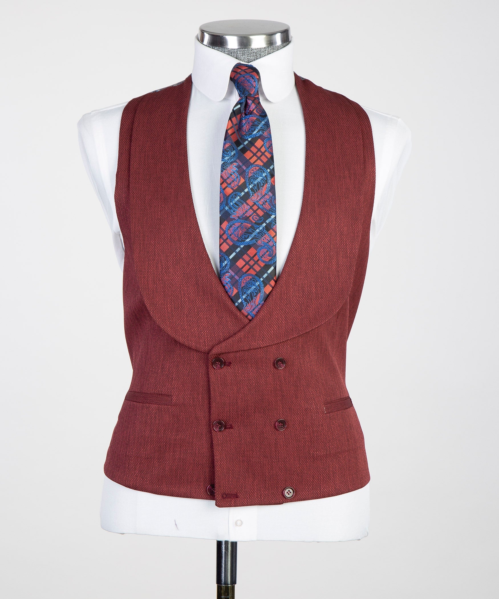 Deep Red Bespoke Peaked Lapel Prom Suits With Waistcoat