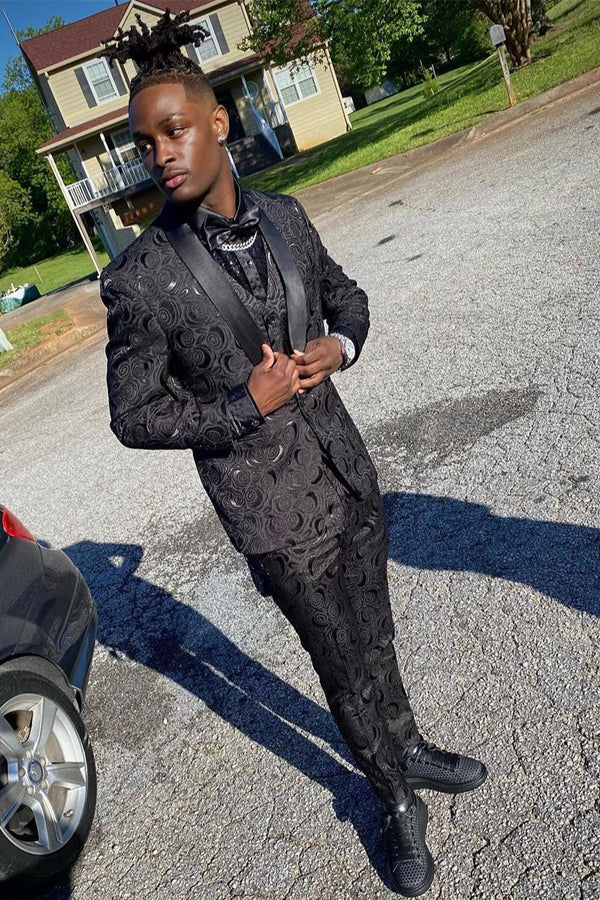 Classical Black 3 Pieces Jacquard Shawl Lapel Prom Men Suits