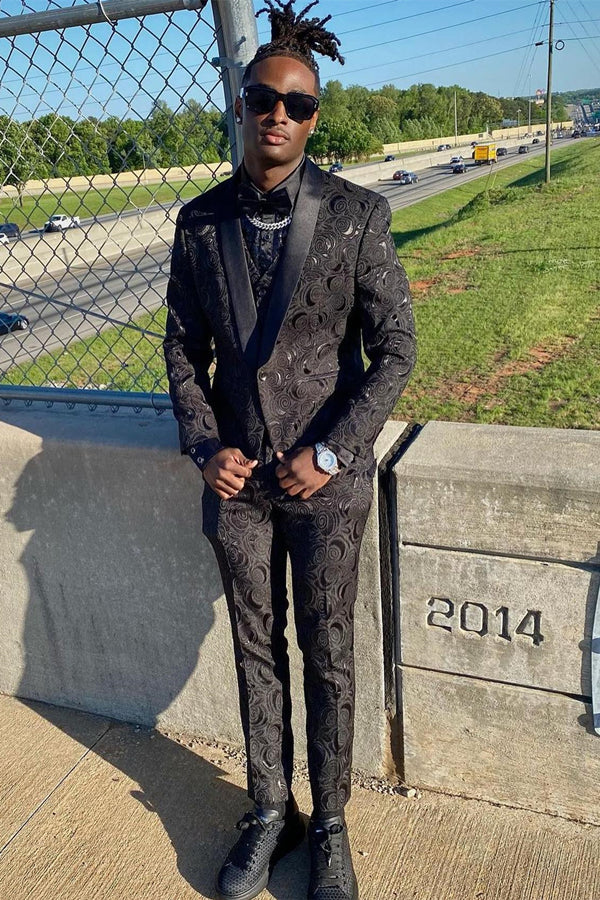Classical Black 3 Pieces Jacquard Shawl Lapel Prom Men Suits