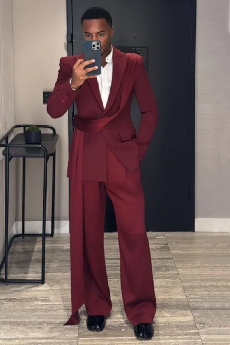 Fanshion Burgundy One Button Prom Men Suit with Long Sash
