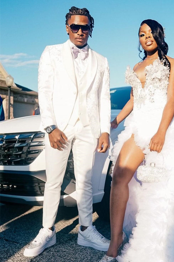 Trendy White Jacquard Shawl Lapel Prom Men Suits With Waistcoat