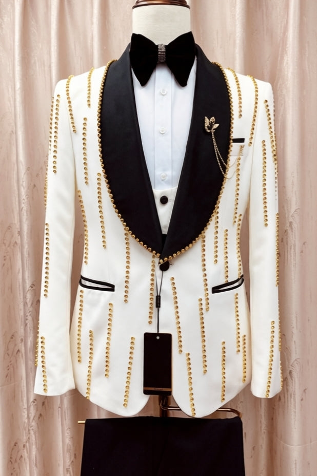 White Beadings 3 Pieces Prom Suit With Black Shawl Lapel