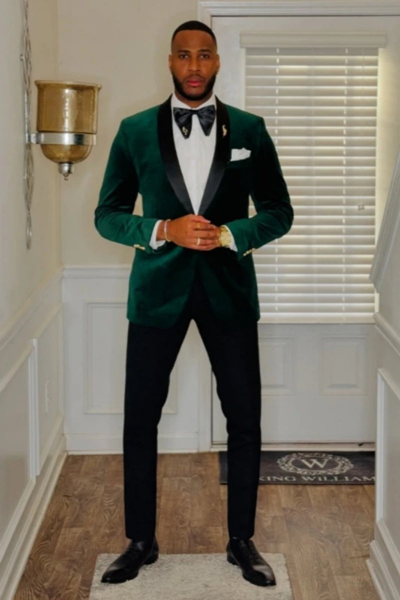 Chic Dark Green Shawl Lapel Velvet Prom Men Suits