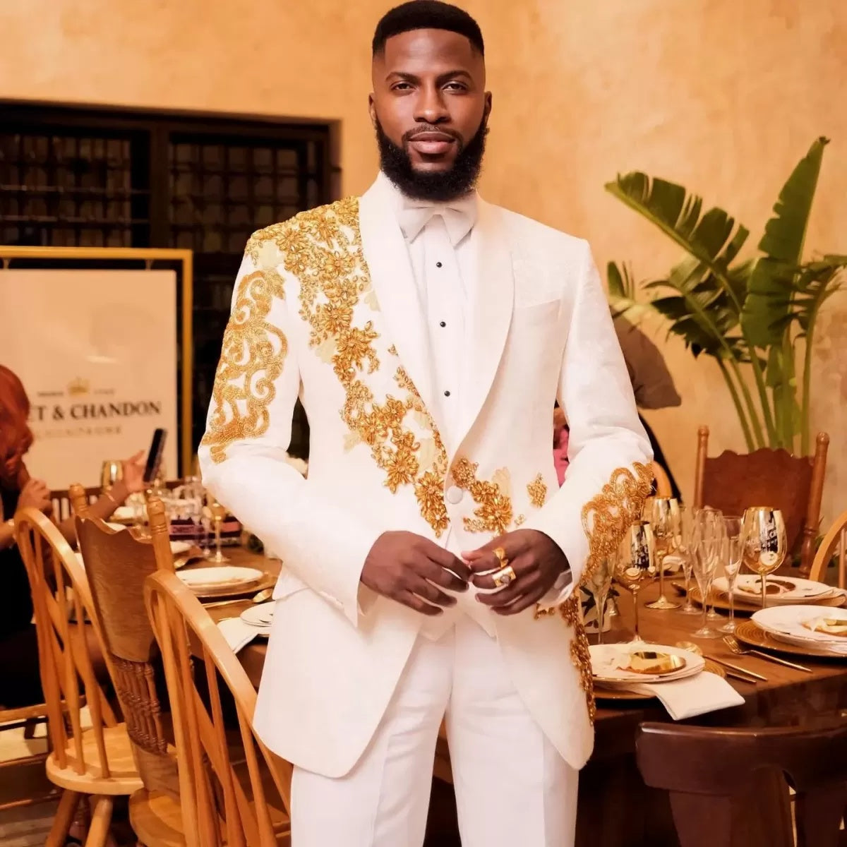 Newest White Shawl Lapel Prom Men Suits With Golden Beading