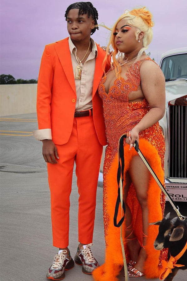 Bespoke Orange Notched Lapel Close Fitting Prom Men Suits