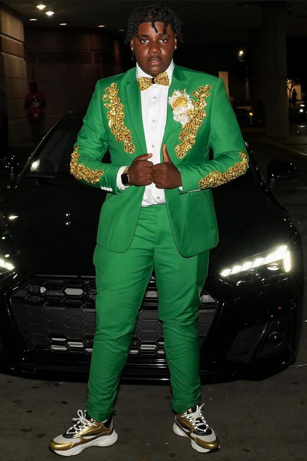 Glamorous Green Notched Lapel  Prom Men Suits With Appliques