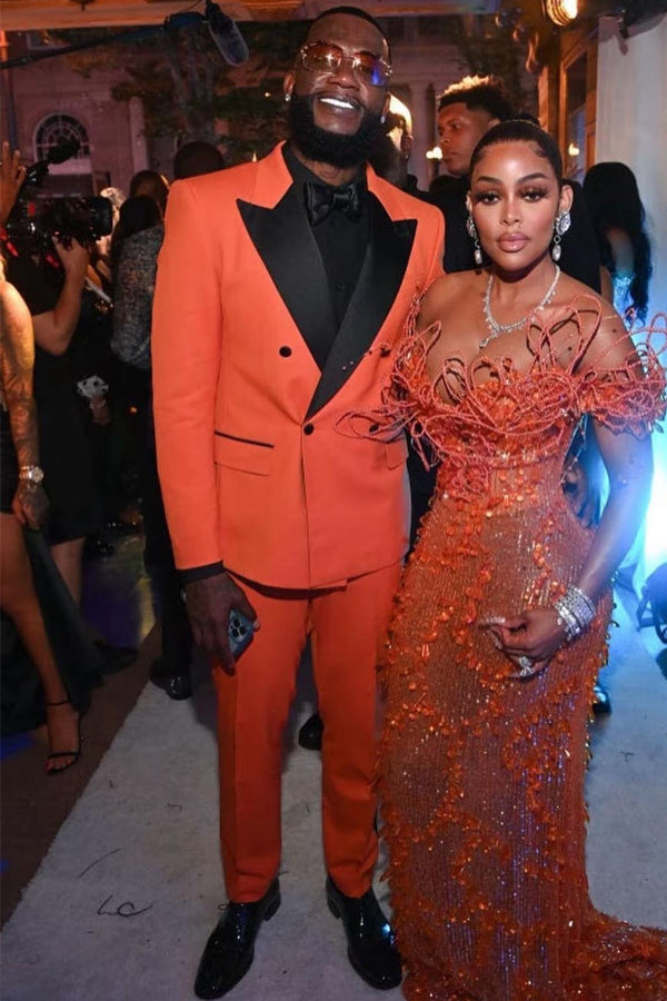 Bespoke Tangerine Red Double Breasted Peaked Lapel Prom Men Suits