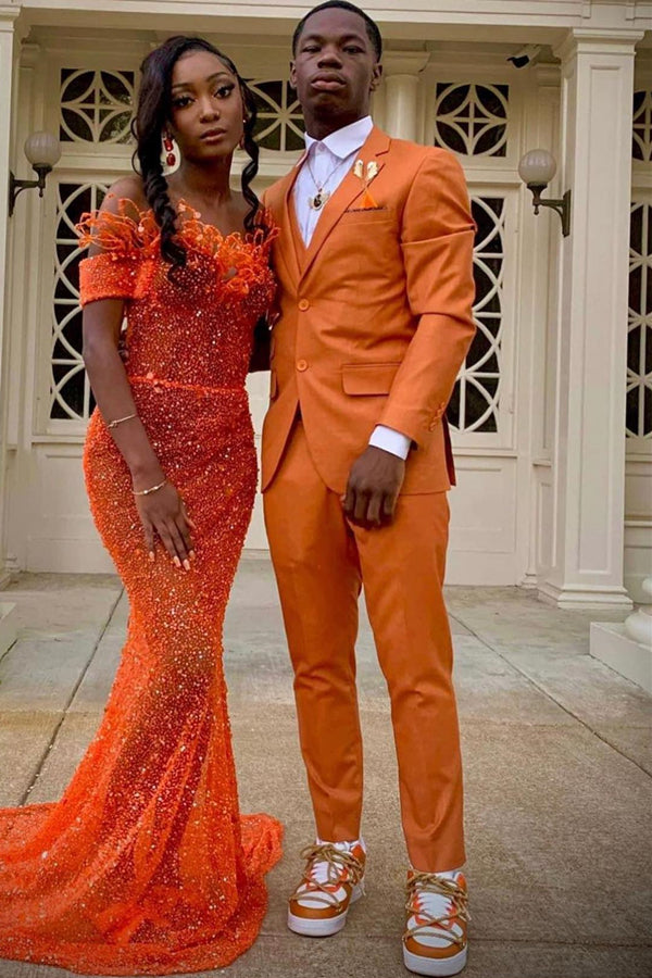 Newest Popular Orange Notched Lapel 3 Pieces Prom Men Suits