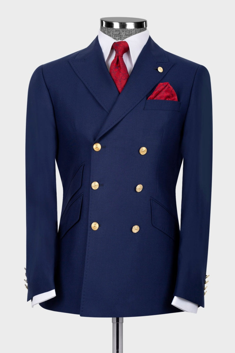 Navy Blue Double Breasted With 3 Slant Pockets Men's Formal Suits