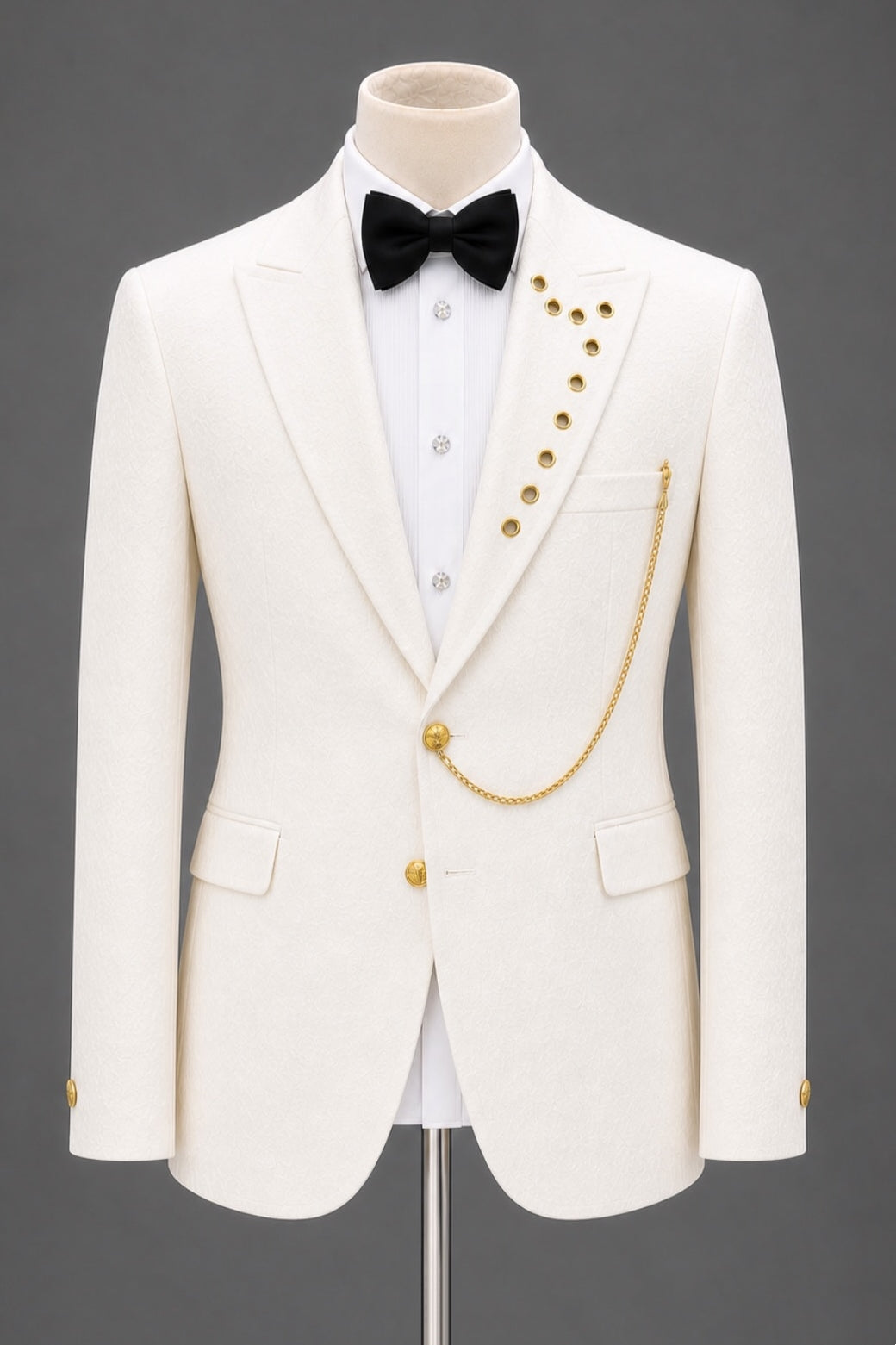 Ivory Prom Suit With Gold Hole Peaked Lapel
