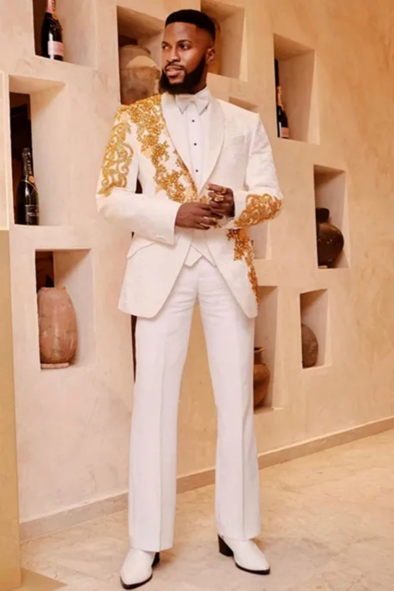 Newest White Shawl Lapel Prom Men Suits With Golden Beading