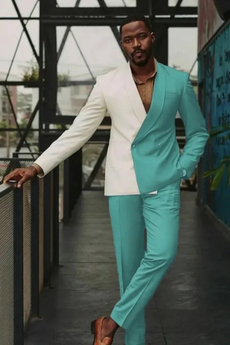 White And Teal Shawl Lapel Double Breasted Prom Suits For Men