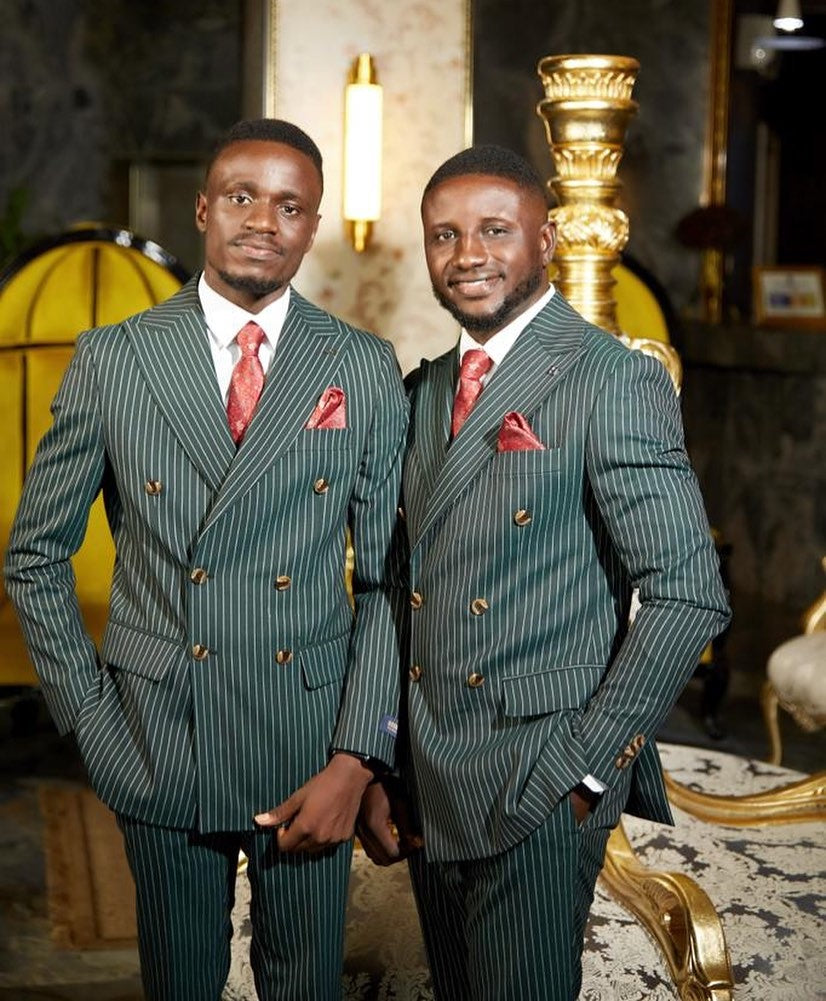 Chic Dark Green Double Breasted Striped Wedding Groomsmen Suits