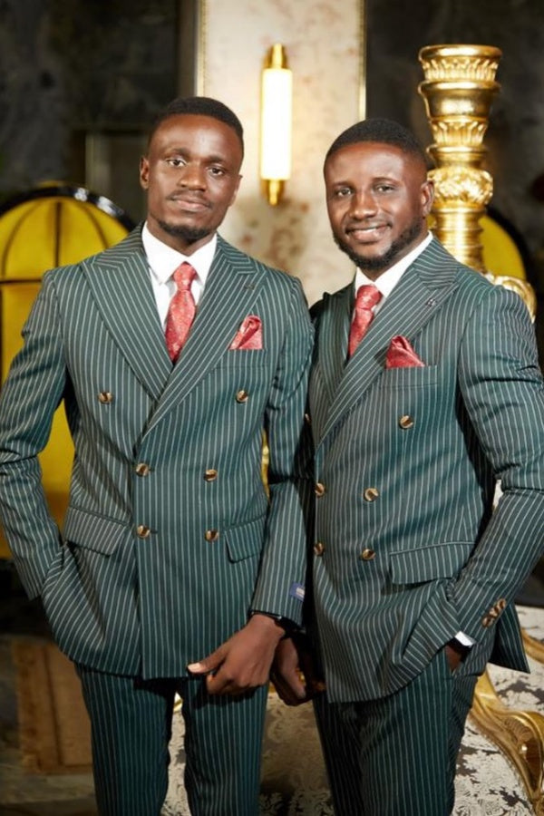 Chic Dark Green Double Breasted Striped Wedding Groomsmen Suits
