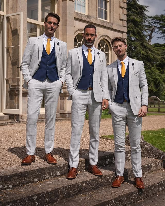 Stylish Gray Plaid Wedding Groomsmen Suits With Dark Blue Waistcoat